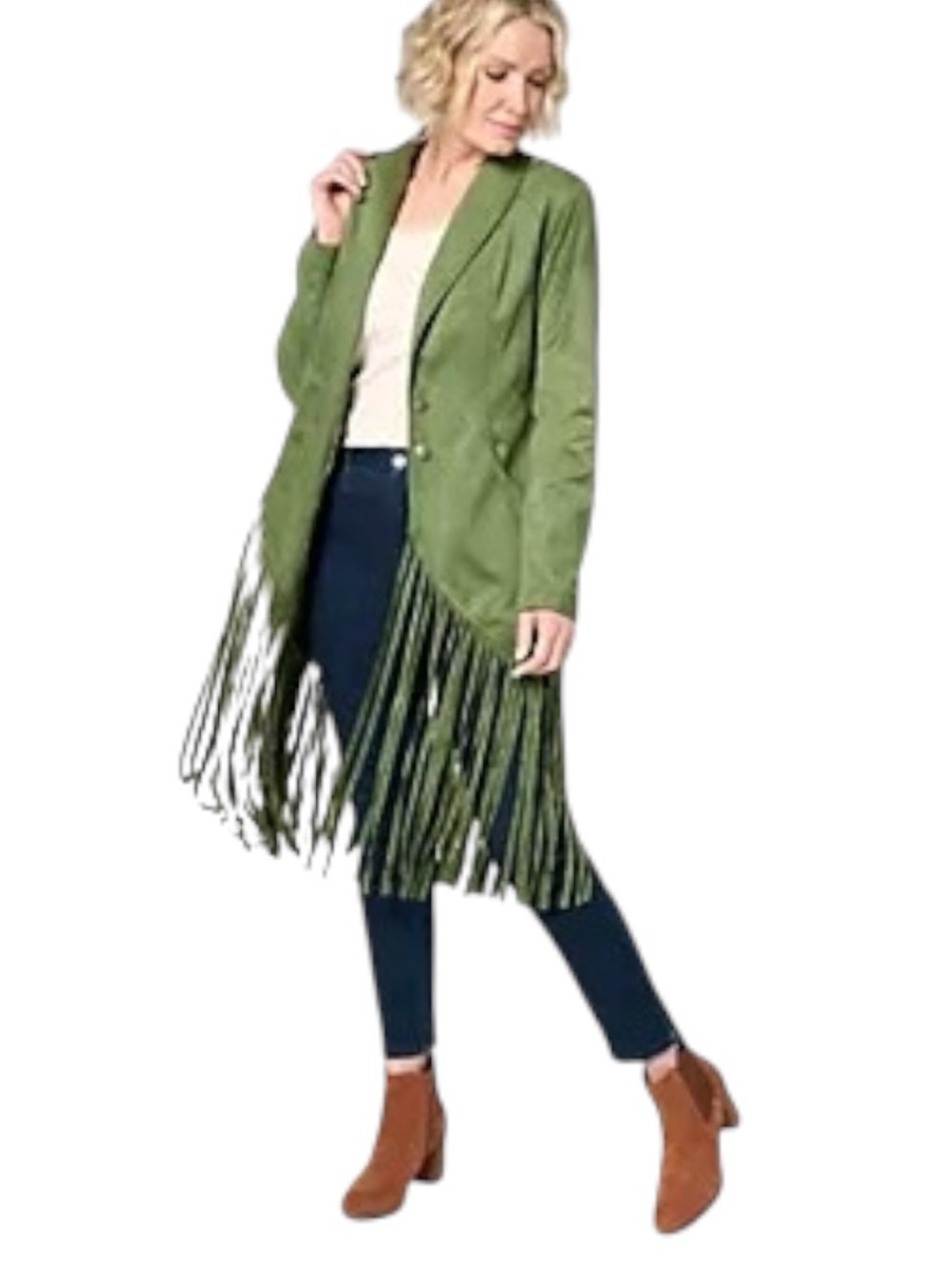 American West Carolyn Pollack Juniper Green Faux Suede Fringe Jacket XS - Picture 2 of 13
